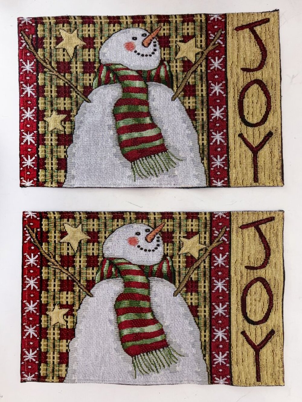 VTG Snowman Tapestry Joy Woven Placemats Winter Holiday Christmas Retro Set of 2